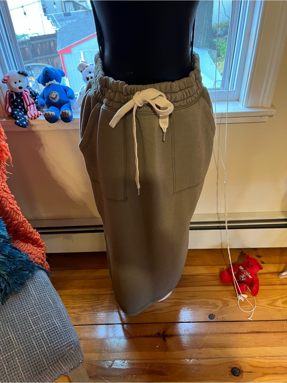 aerie Olive Drawstring Waist Midi Skirt with Patch Pockets
